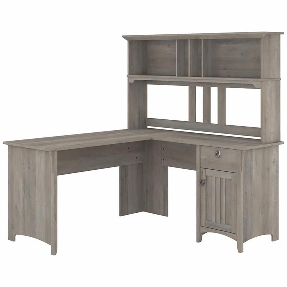 Bush Home Salinas L Shaped Desk with Hutch in Driftwood Gray | Corner Table with Drawers and Storage for Home Office