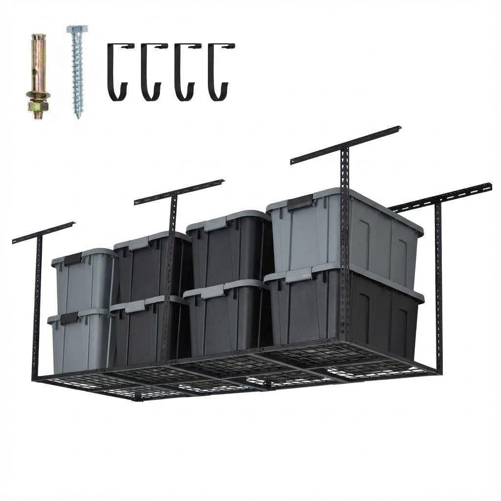 3x8FT Overhead Garage Storage Rack, 600LB Capacity Heavy Duty Ceiling Storage Racks, 22-40" Height Adjustable Metal Organizer System for Seasonal Items & Tools