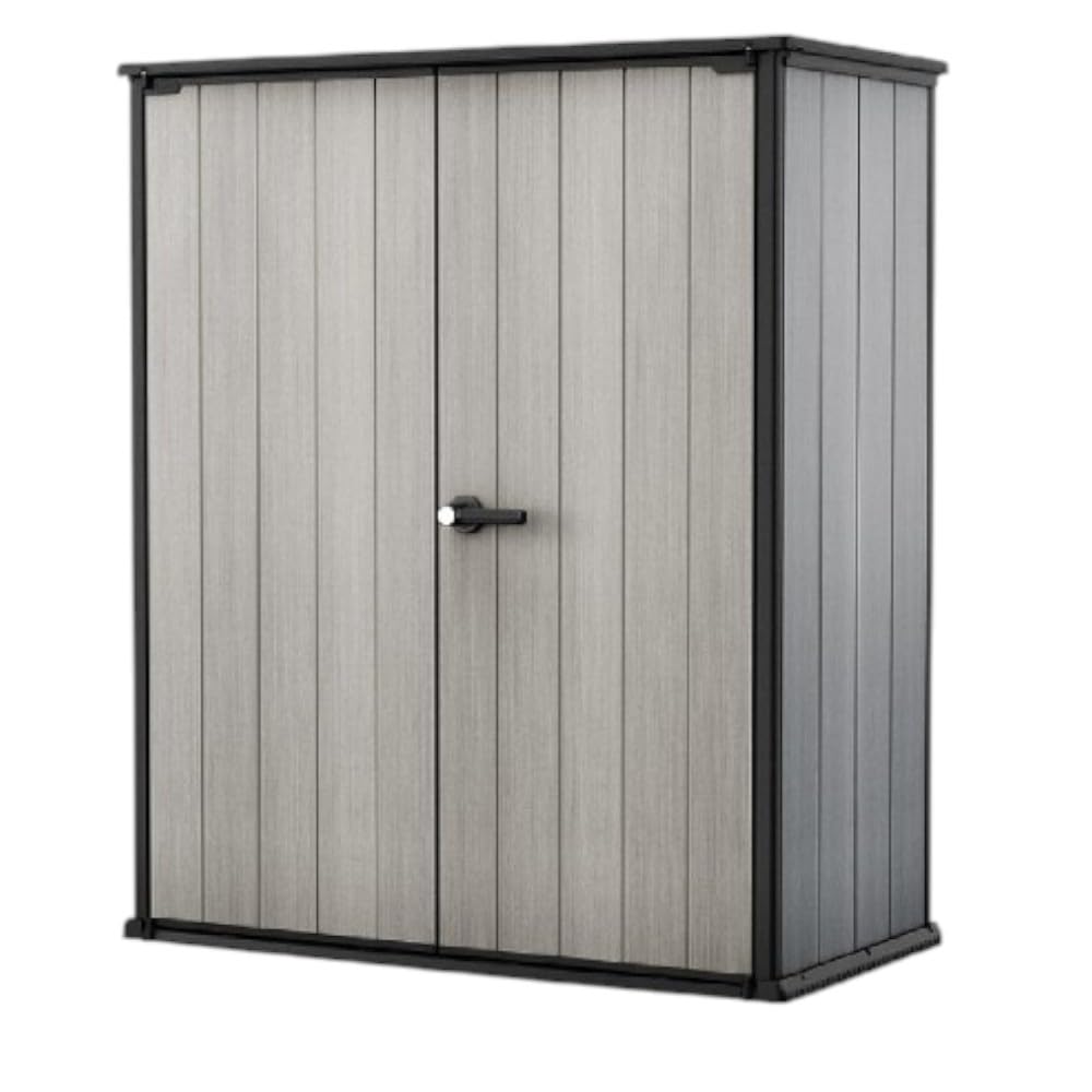 Keter Premier Tall 4.6x5.6 ft Resin Outdoor Storage Shed, Backyard Garden Shed with Shelving Brackets for Tools, Patio Furniture, Pool & Bike Storage, Grey & Black, 62 cu. ft Capacity