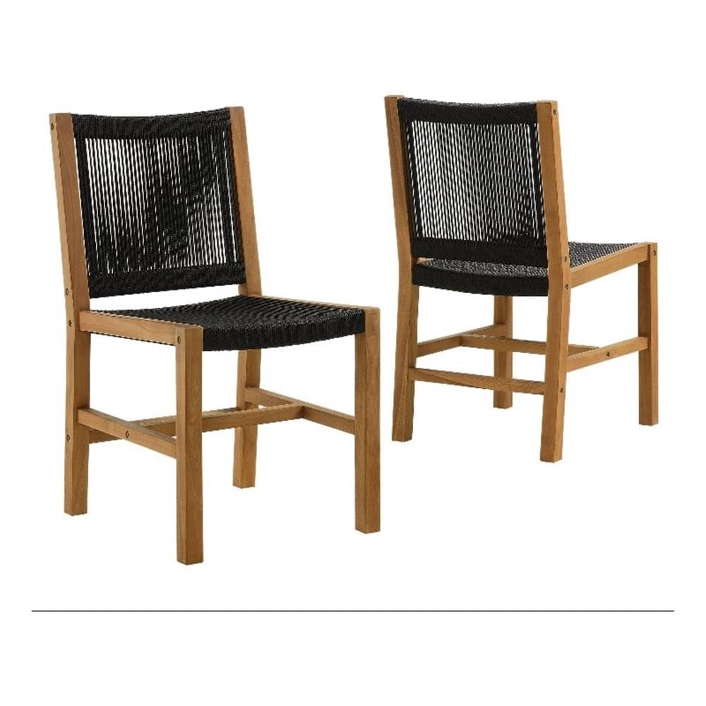 Modway Vienna Outdoor Patio Teak and Rope Armless Dining Chair Set of 2 in Natural Black – Woven Rope Side Chairs – Teak Outdoor Dining Chairs – Weather-Resistant Deck Chairs