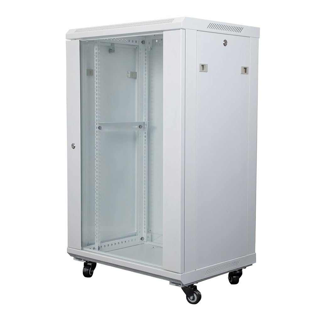 NavePoint 22U Network Cabinet with Glass Door – 22U Wall Mount Server Cabinet White 19” Rack for IT Equipment, AV Devices, Networking Equipment –23” Deep Server Rack Enclosure w/Wheels