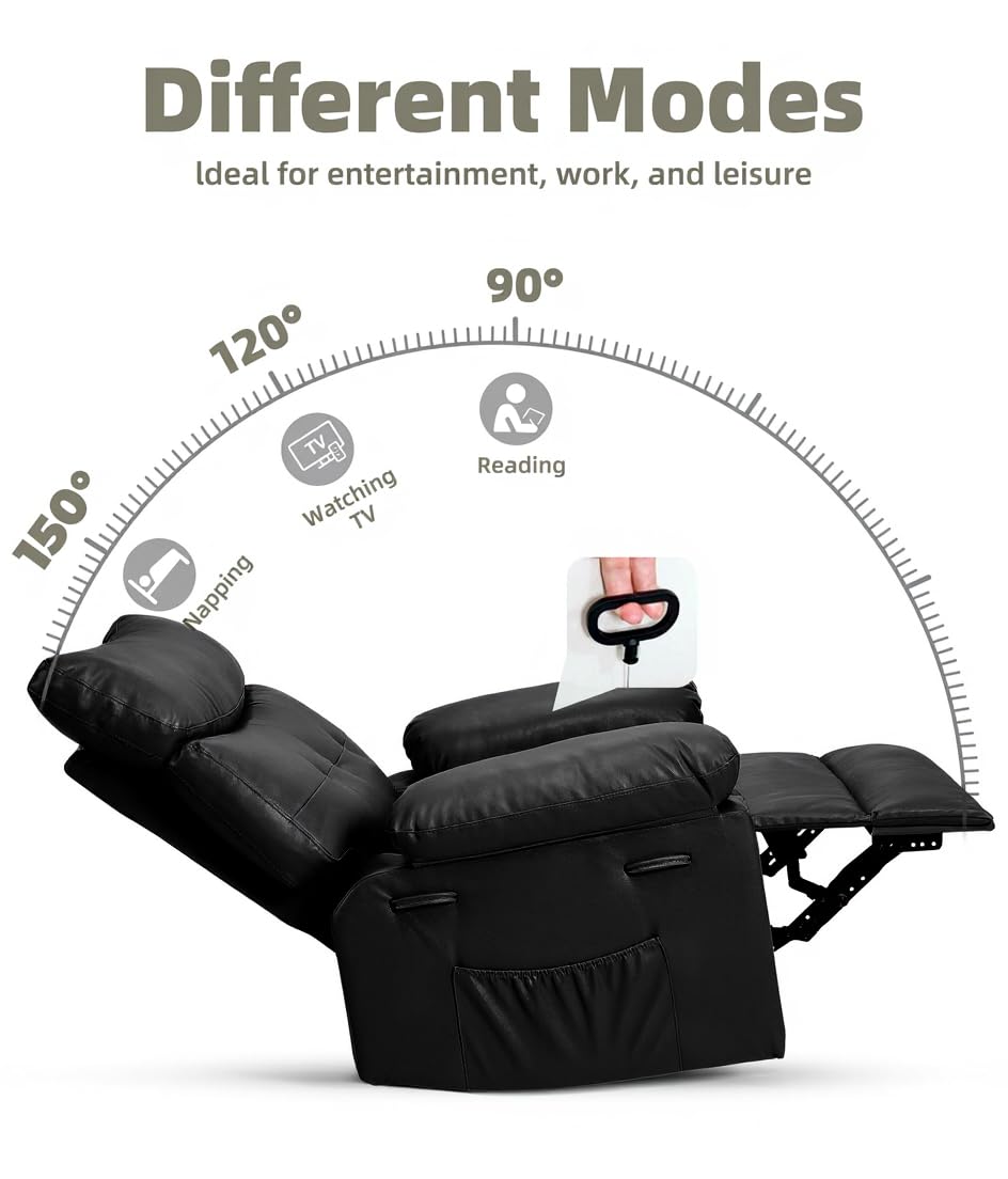 Garvee Oversized Recliner Chair Large Manual Recliner for Adults Lazy Chair PU Leather 1.5X Sponge Filling with Massage & Heat - Black