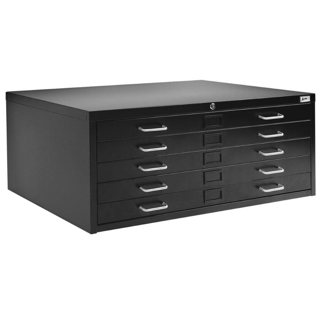 AdirOffice Flat File Cabinet - Heavy Duty 5-Drawer Blueprint Sheets Storage, 35" x 46" Great for Documents Sized 30” x 42”, Ideal for Artists, Art Files, Engineers, Architects, Offices - Black