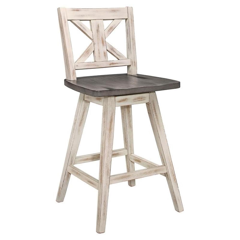 Lexicon Counter Height Stools Set of 2-Solid Wood Frame 360° Swivel Wooden Stools, Foot Rest, X Back, Wide Seat, Distressed Farmhouse Easy to Clean Finish, 24" SH, Antique White/Grey