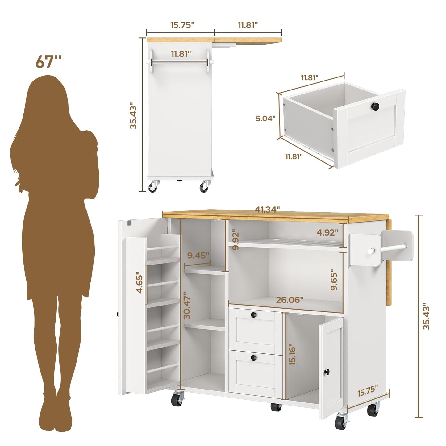 knoworld Rolling Kitchen Island with Storage Cabinet, 41.3'' Width Kitchen Cart with Desktop Drop Leaf Countertop, Portable Mobile Island with Towel Rack, Spice Rack Shelf, White