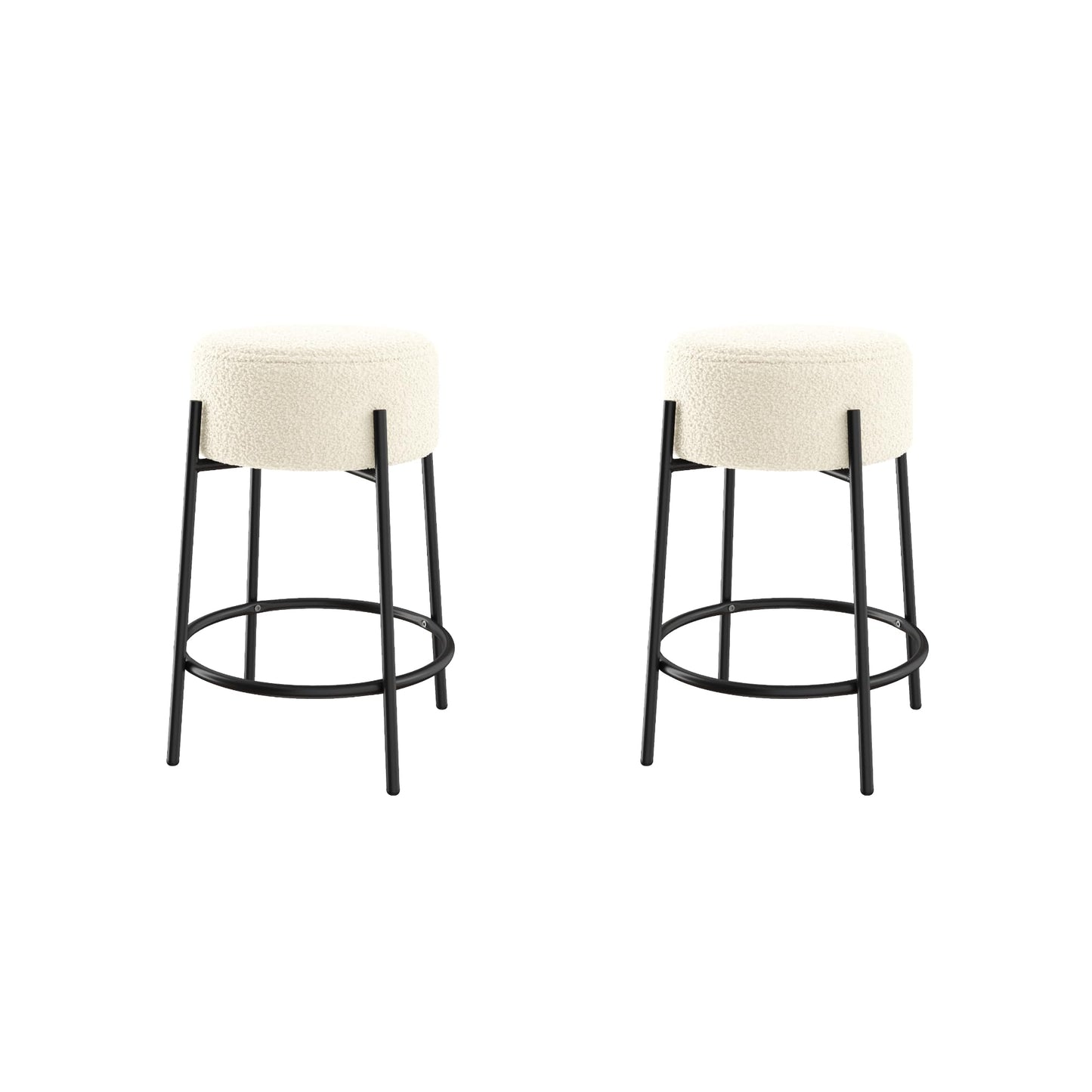 Nathan James Isaac 24" Modern Backless Bar Stool with Round Soft Padded Boucle Seat and Metal Mid-Century Base, Boucle White/Black, Set of 2