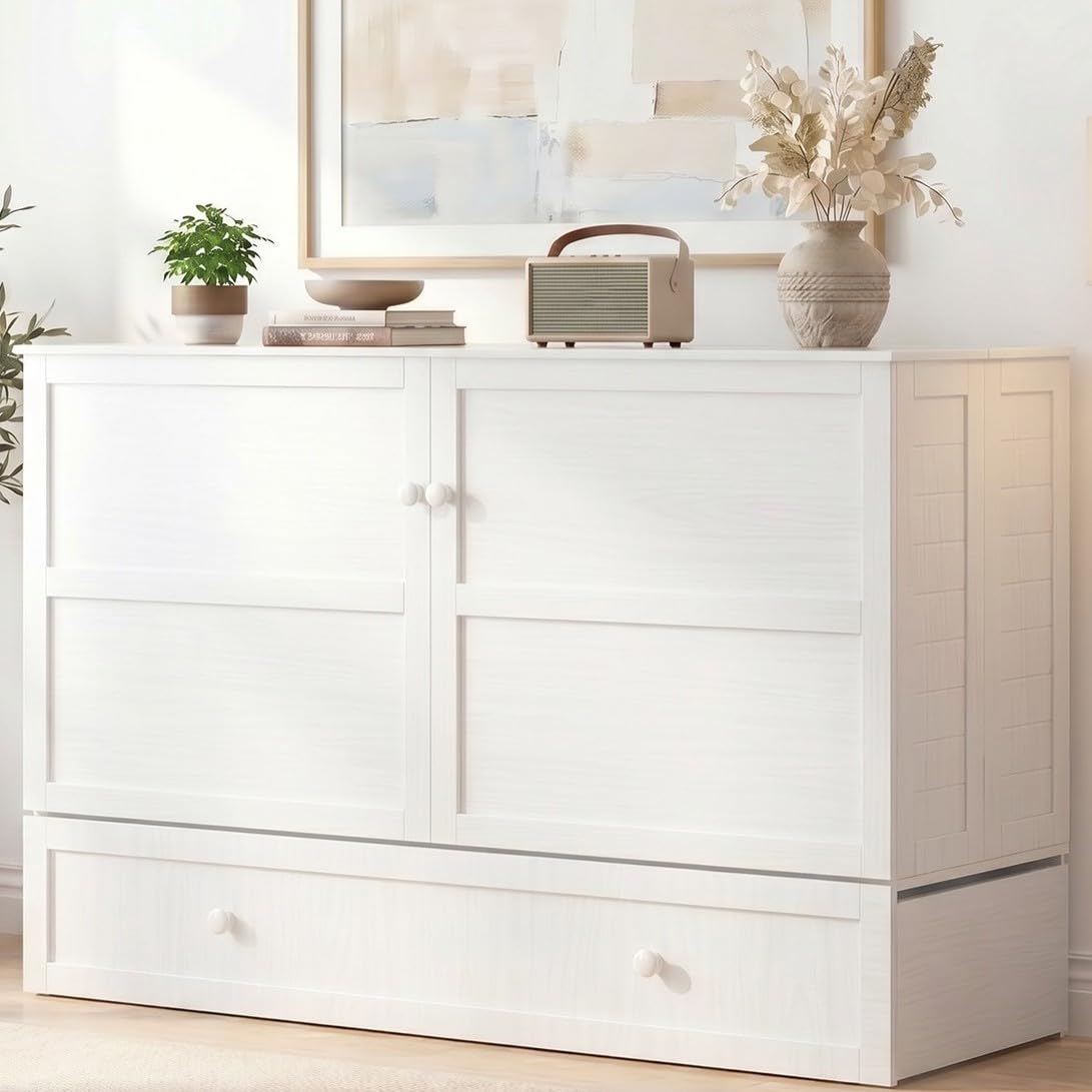 Mjkone Murphy Bed Cabinet Queen with Tri-Fold Mattress Included & USB Charging Station, Modern Versatile Solid Wood Chest Cabinet Wall Bed with Drawers, Adult Guest Beds for Apartment Bedroom - White