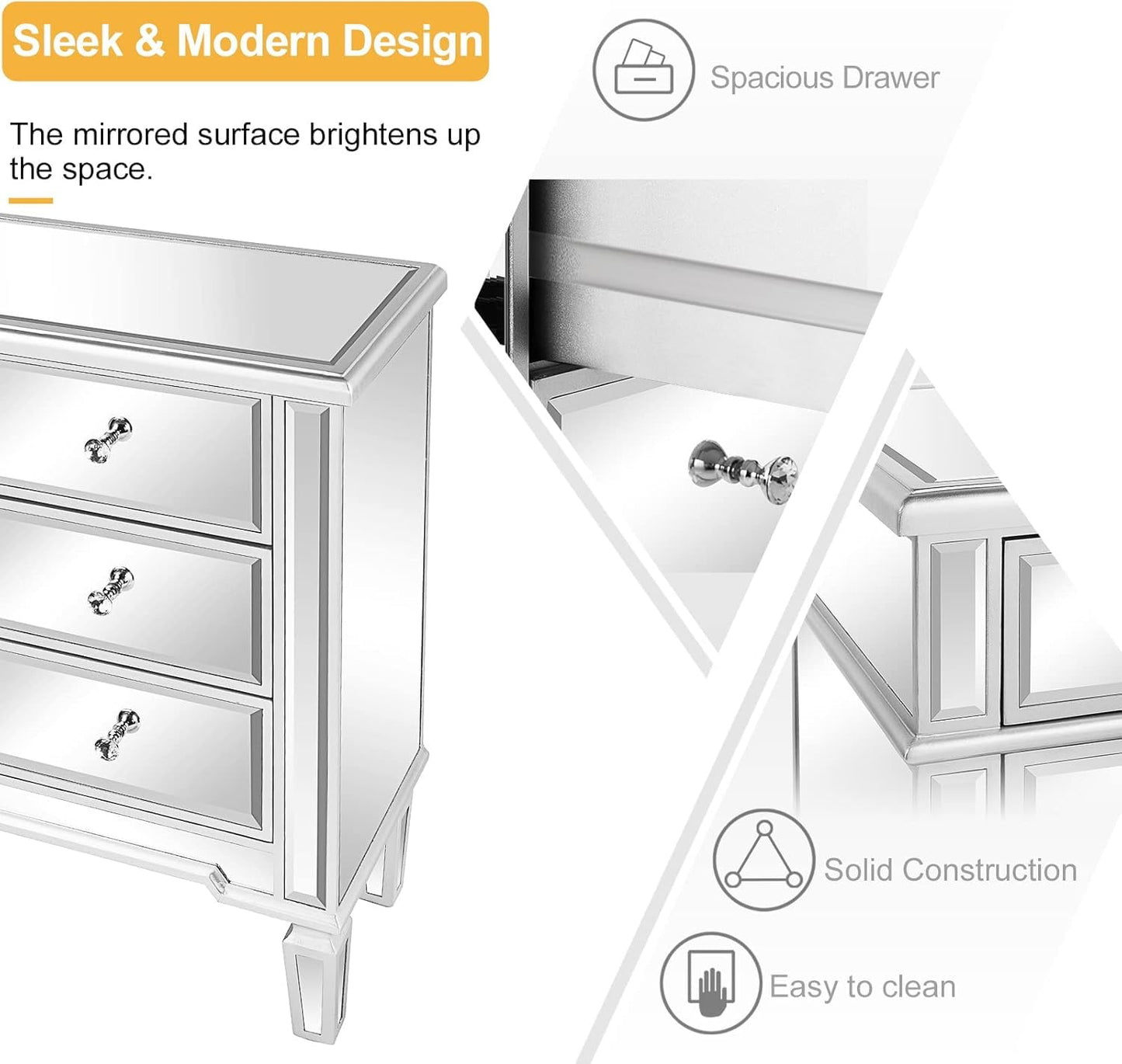 VINGLI Mirrored Dresser for Bedroom with 6 Storage Drawer Modern Chest of Drawers, Silver, 32”L x 12”W x 28”H