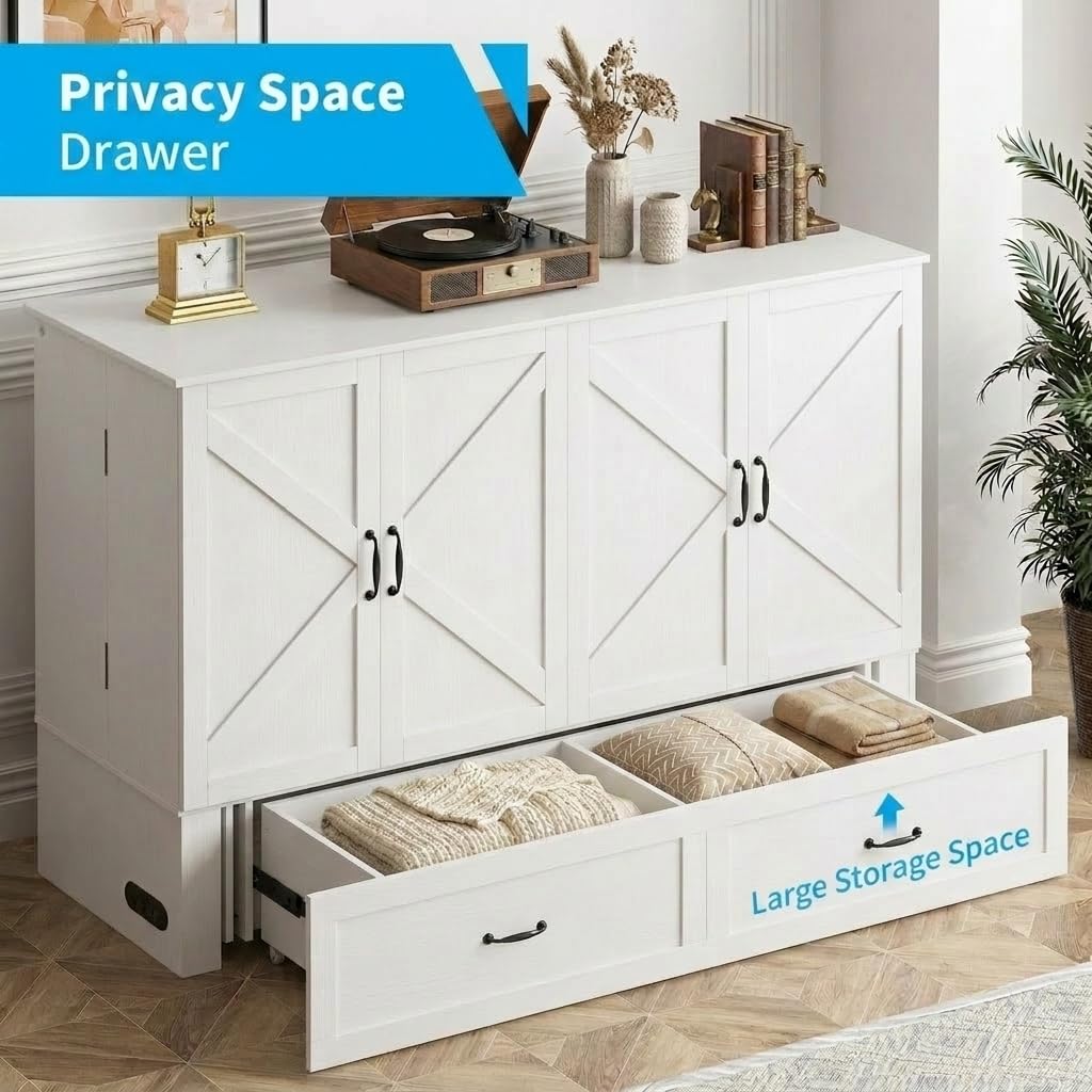 Mjkone Murphy Bed, Cabinet Beds Queen Size with Mattress Included, USB Charging Port, Drawer, Space Saving Queen Murphy Chest Bed, Hidden Cabinet Guest Wall Beds for Bedroom, Apartment, White