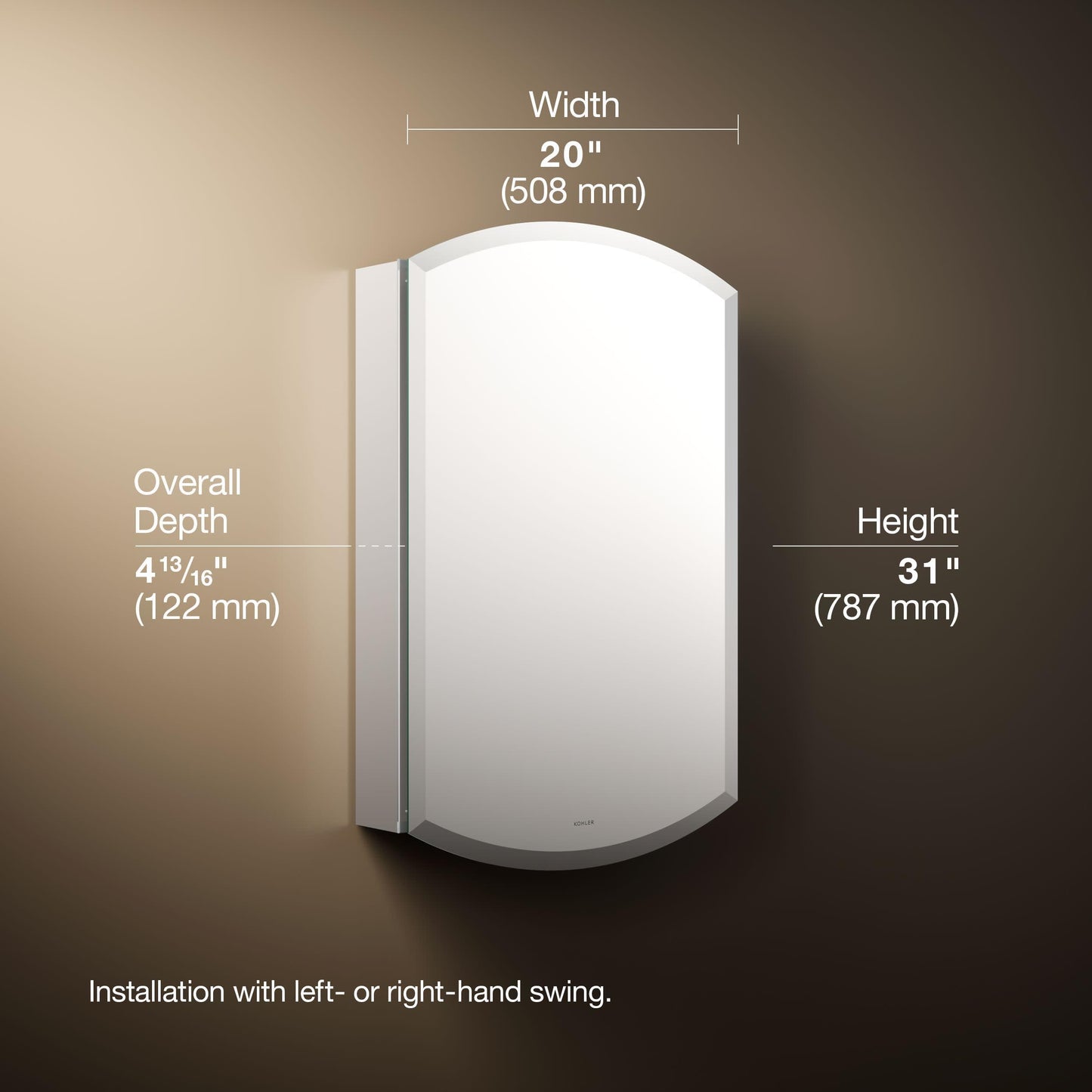 Kohler 3073-NA Archer 20" W x 31" H Aluminum Single-Door Bathroom Medicine Cabinet with Mirror, Recessed or Surface Mount Bathroom Wall Cabinet, Beveled Edges