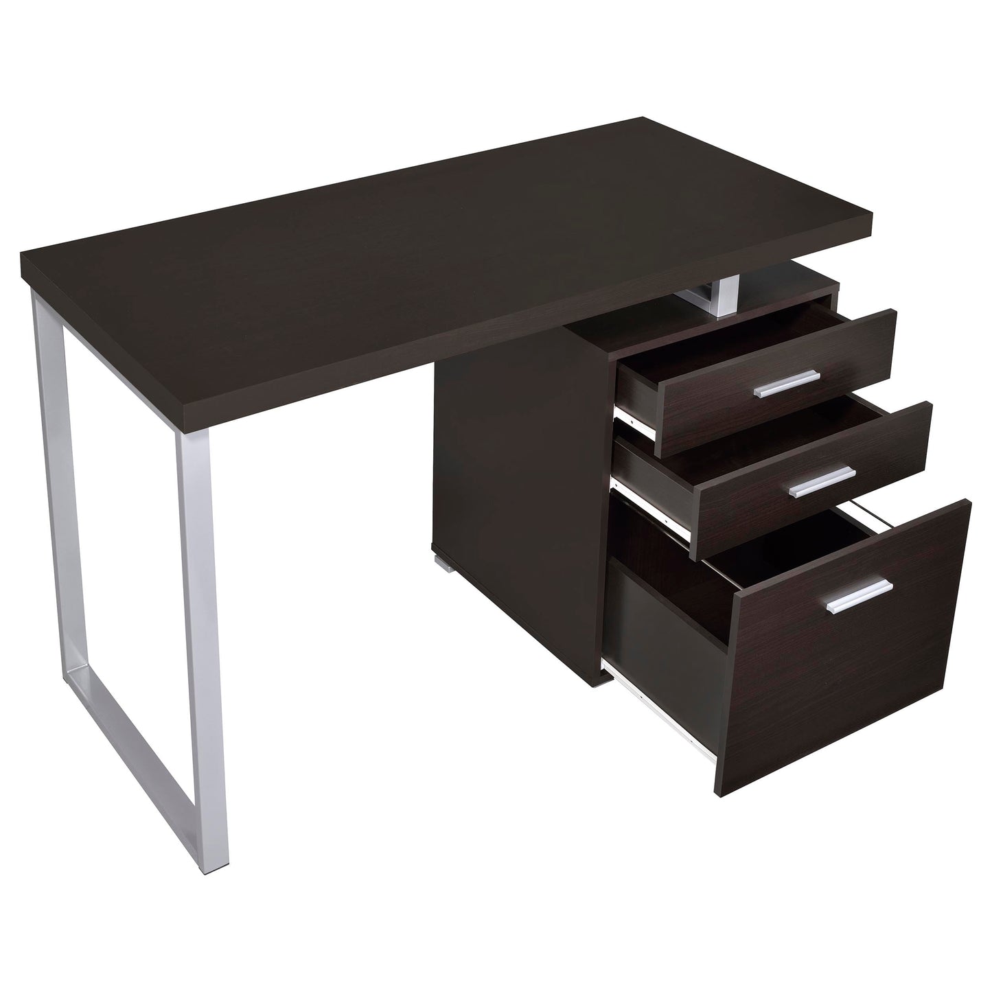 Coaster Home Furnishings Brennan Modern Contemporary Home Office 3-Drawer Writing Desk with Drawers Computer Desk Study Table File Cabinet Storage Silver Metal Frame Cappuccino Brown 800519