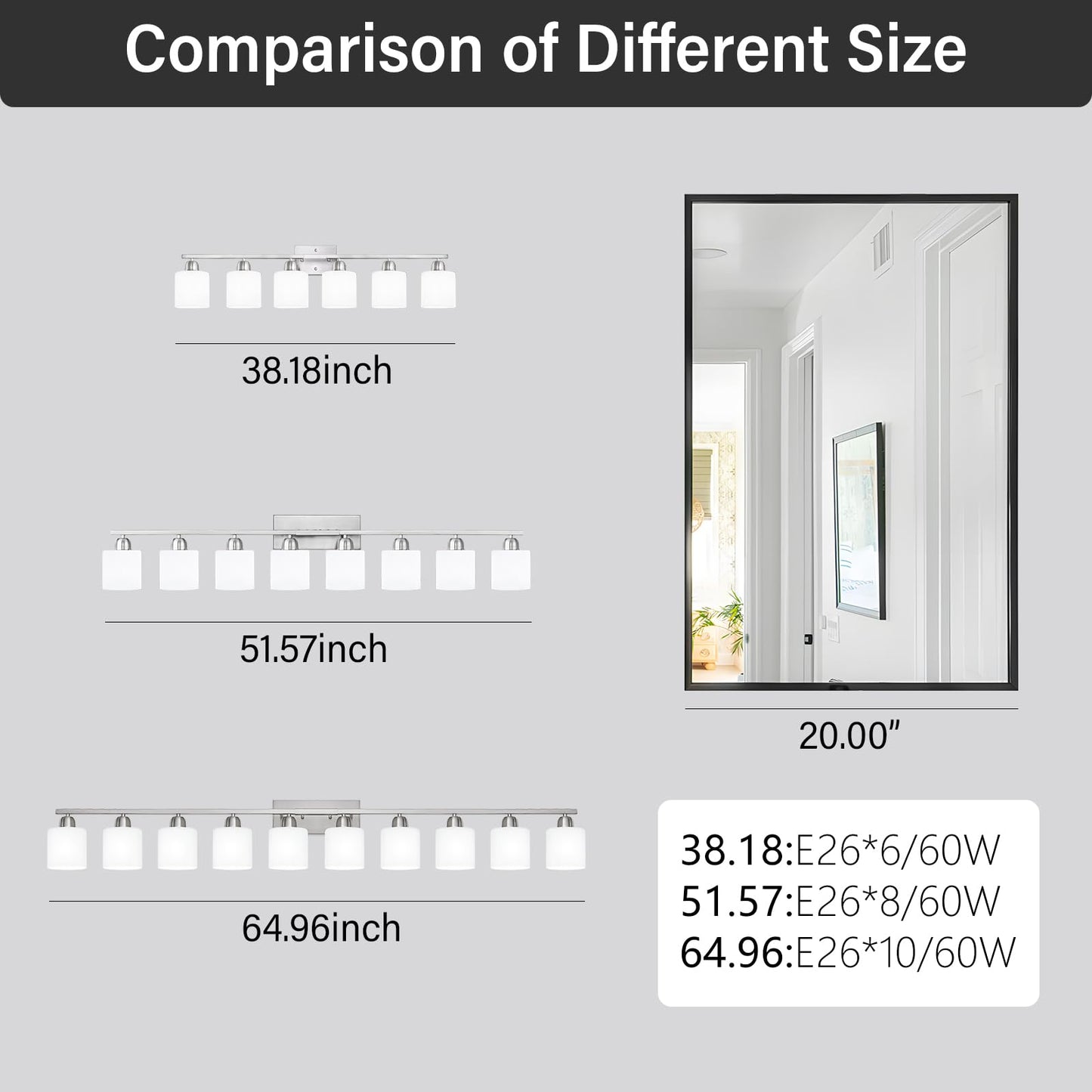 FAISHILAN Brushed Nickel Bathrooms Lights for Huge Mirror, 8 Light Anti-Rust Finish with Milky White Frosted Glass Shades, 51 Inch Above Mirror Lights for Bathroom, E26