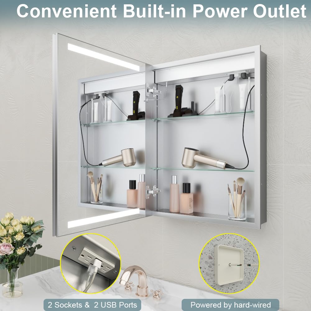 Bathroom Medicine Cabinet with Lights, 20"x26" LED Medicine Cabinet with Dual-Sided Mirror, Socket/USB, Adjustable Shelves & Organizer Box, Anti-Fog & 3-Color Dimmable LED with Memory, Full Aluminum