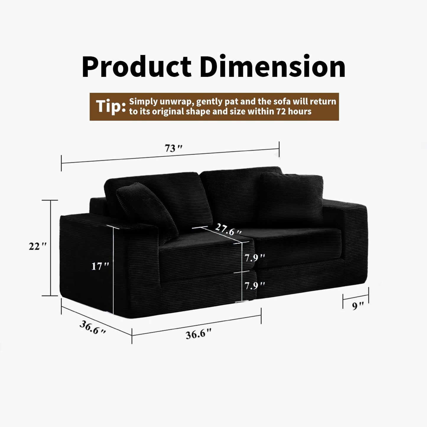 FILUXE Modular Sectional Sofa, Modern Modular Sofa Couch with Deep Seat，Comfy Cloud Couch, Sectional Couches for Living Room, Bedroom and Apartment，2-Seater，Black