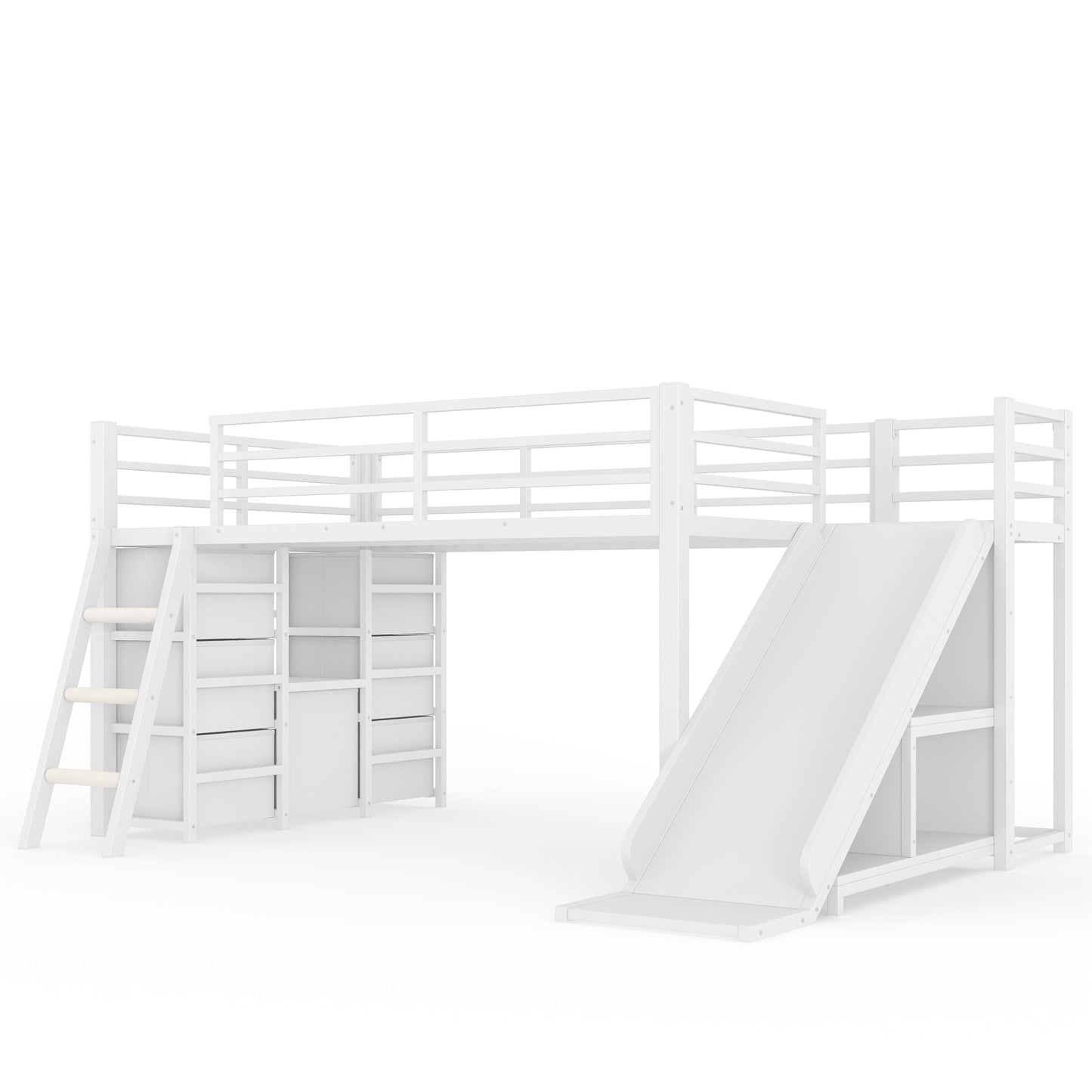 Bellemave Twin Low Loft Bed with Slide and LED, Metal Kids loft Bed with Storage Drawers and Hanging Area, 2 Assembly Methods, White