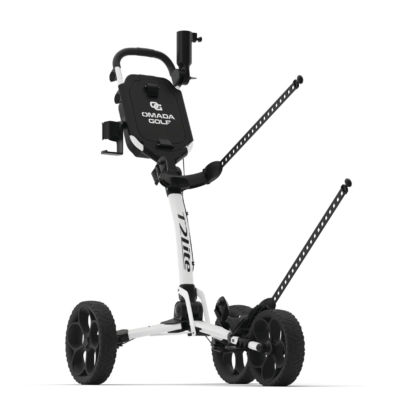 OMADA GOLF T2Lite Golf Push Cart | Lightweight, Ultra-Compact Folding Golf Cart | Large All Terrain Wheels | Umbrella Holder Included | Deep Storage Console | Adjustable Handle, Handbrake + Cup Holder
