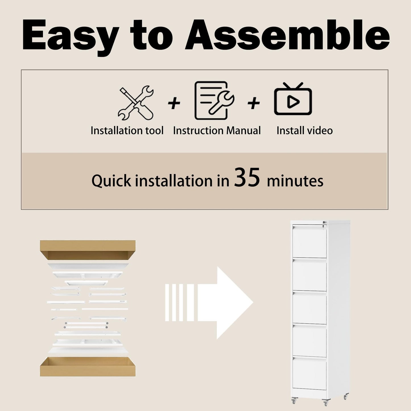 FOSTOKO 5 Drawers Filing Cabient with Wheel, File Cabinet with Lock, Steel Vertical Filing Storage Cabinet for Office, Heavy-Duty File Cabinets for Letters/Legal/A4 (Require Assembly, White)