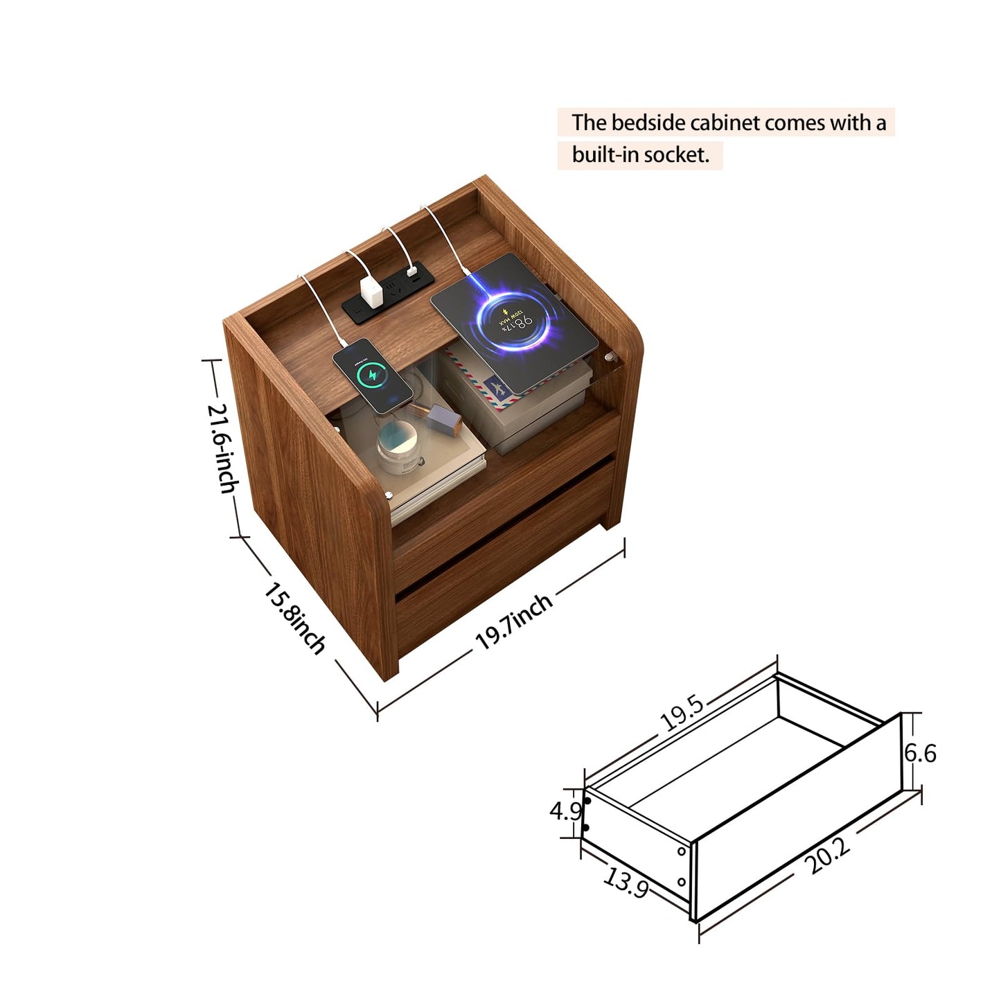 Messenya Modern Nightstand for Bedrooms, 20" Wide w/Charging Station & Curved Anti-Collision Design, Mid-Century Storage Cabinet w/Pre-Embedded Slots, Reinforced Panel Construction (1)