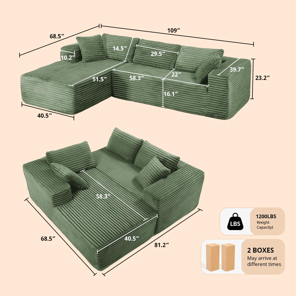 COMHOMA 105”Modular Sectional Sofa with Deep Seat,Cloud Upholstered L-Shape Couch Wide Arms Corduroy Fabric High-Density Foam Chaise Lounge for Living Room No Assembly Required,Green
