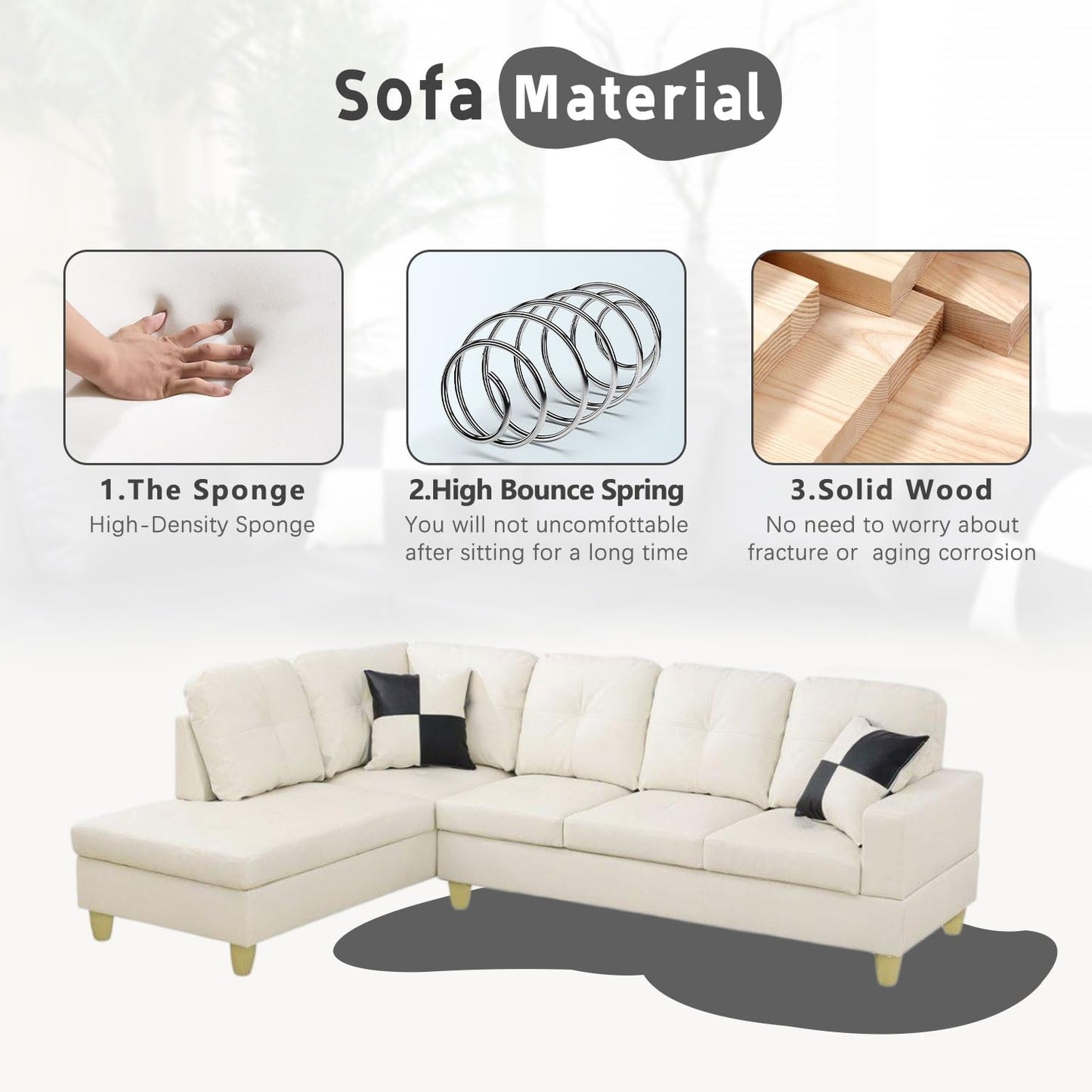UOCFYK White L-Shaped 3-Piece Faux Leather Sofa with Storage Ottoman Set, Sectional Couch Leather-Like Sofa Set for Living Room, Office, Small Space
