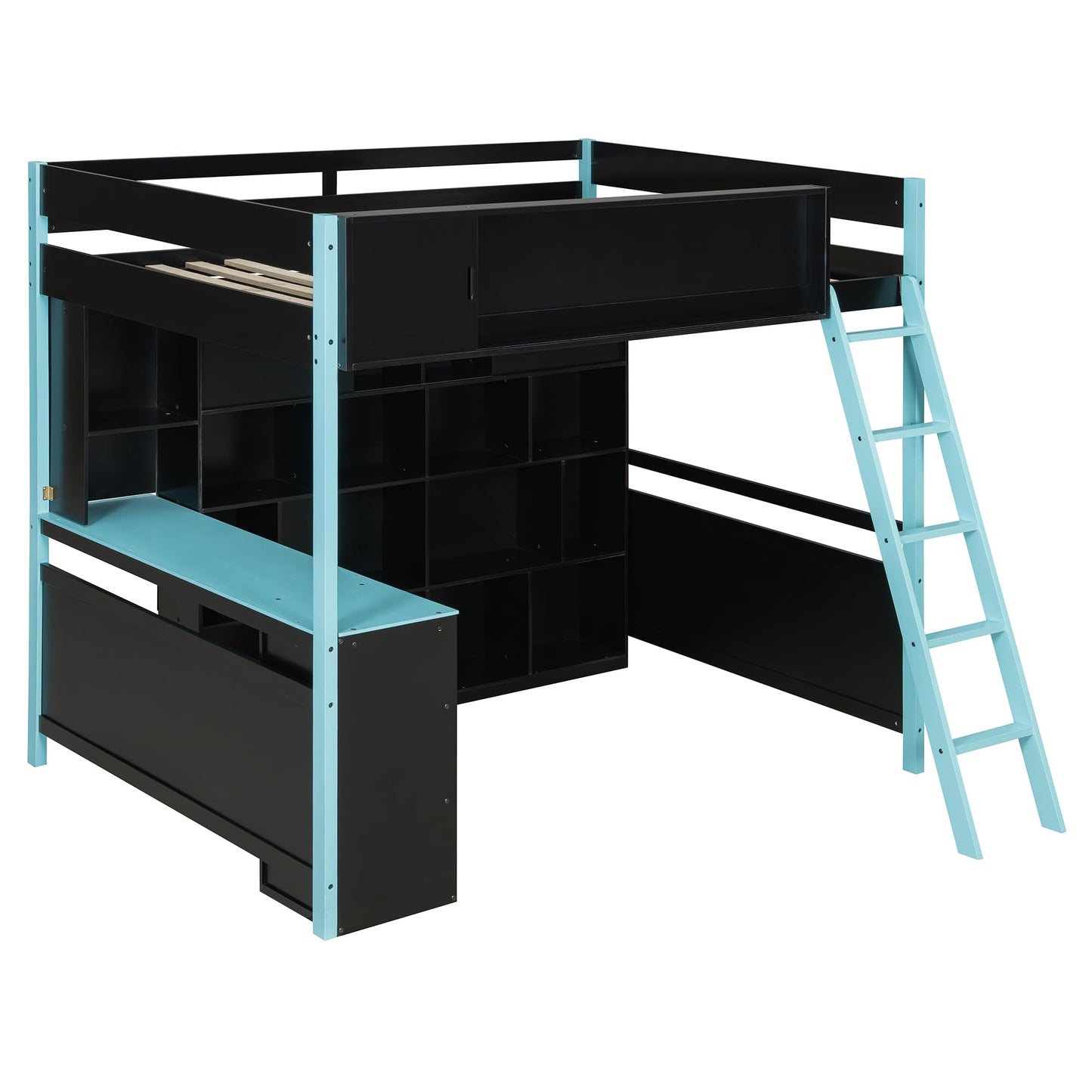 Merax Full Size Wood Loft Bed Frame with Desk and Ample Storage Space, Gaming Bed with Light Strip for Teens Bedroom, Full-Length Guardrails, No Box Spring Needed, Blue