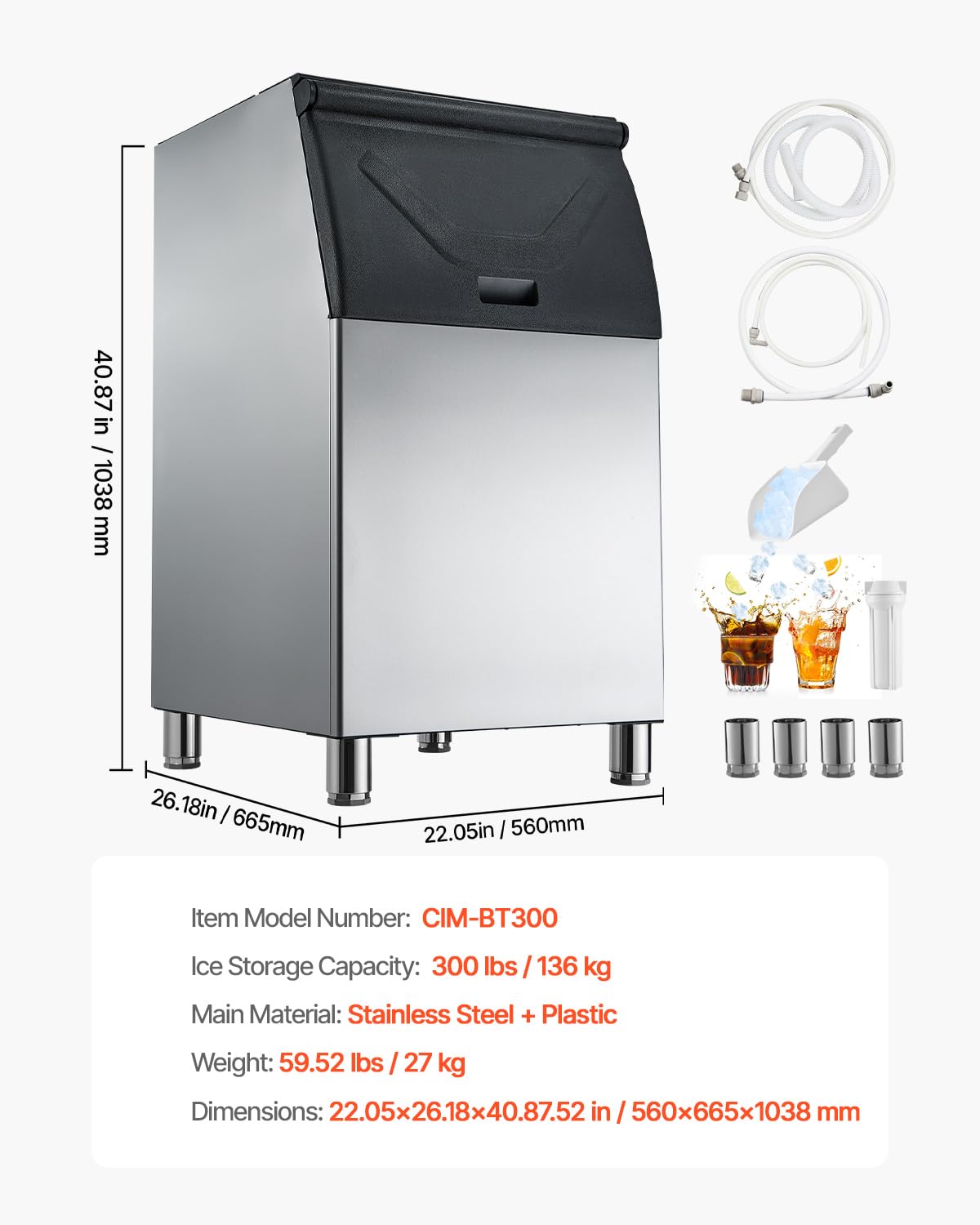 VEVOR Commercial Ice Maker Storage Bin, 300 LBS Capacity Stainless Steel Ice-Bin, Commercial Ice Storage Bin with Adjustable Anti-Slip Rubber Feet, Suitable for Restaurant, Hotel and Beverage Shops