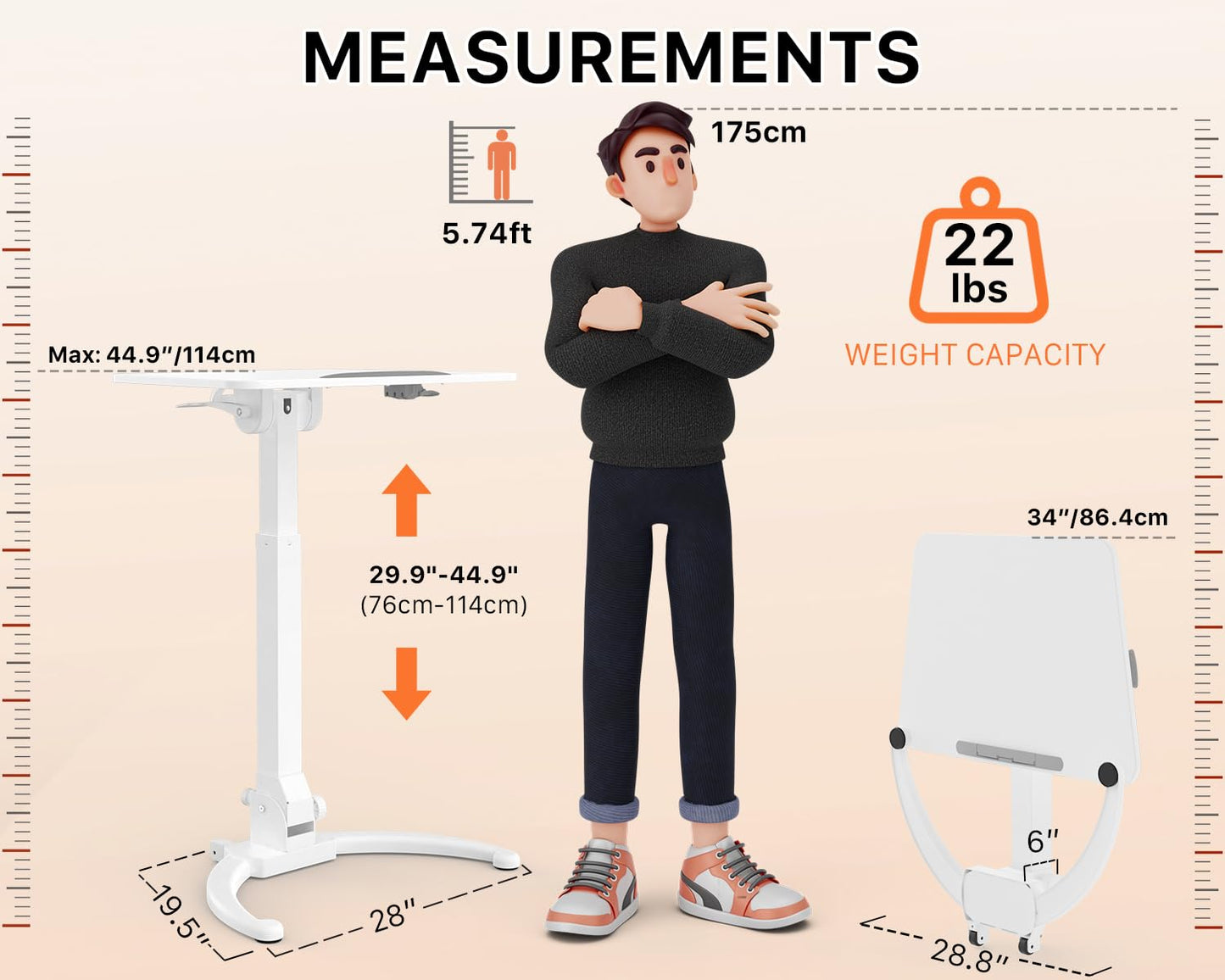 JOY worker Foldable Mobile Standing Desk, Height Adjustable Sit Stand Desk, 90° Tiltable Rolling Laptop Table, Portable Workstation with Wheels Non-Slip Mat for Home Office, Holds Up to 22lbs, White