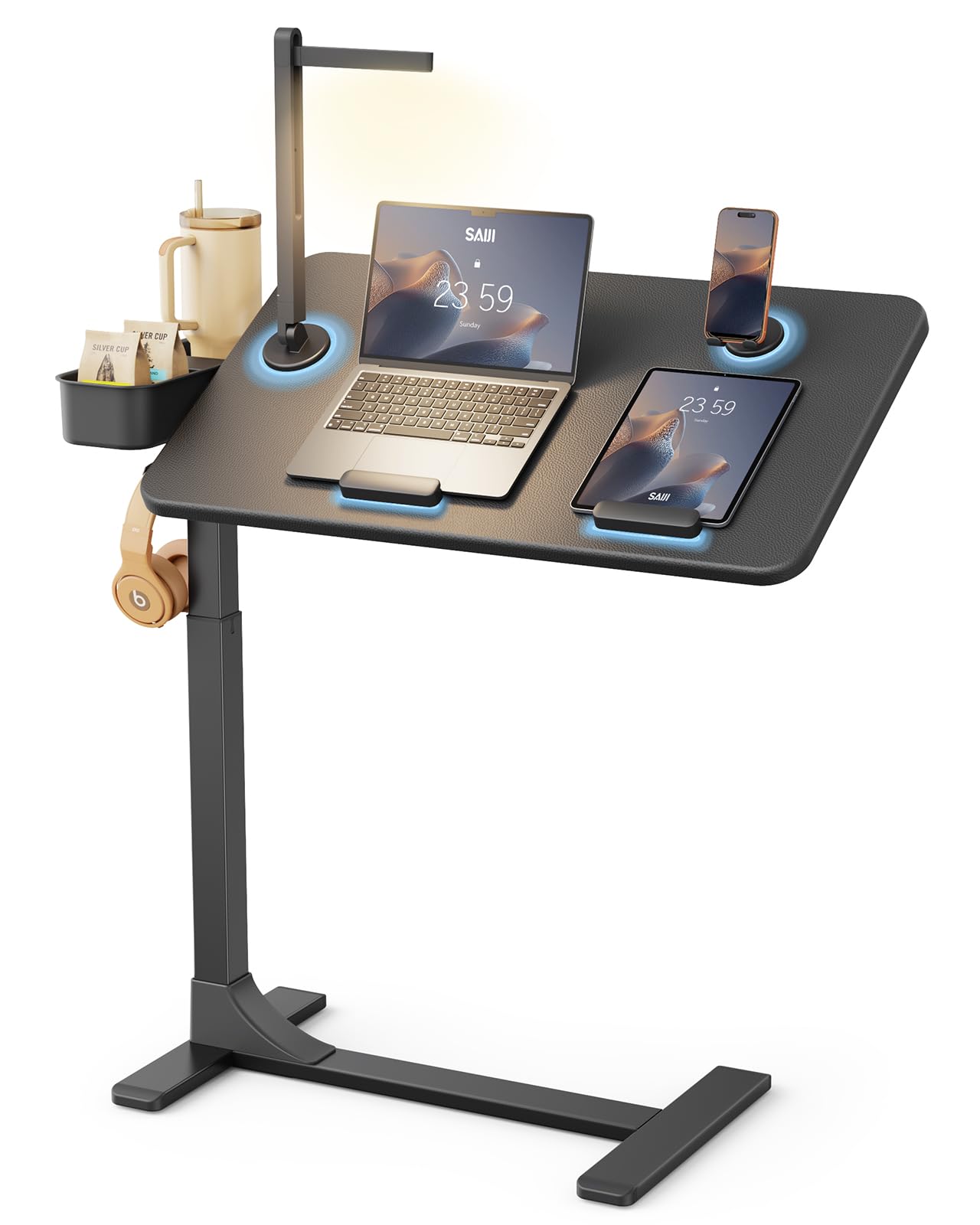 SAIJI Magnetic Overbed Bedside Table with Wheels, Height and 360° Angle Adjustable Over Bed Desk with Led Light, Portable Lengthened Rolling Laptop Standing Desk Mobile Bed Tables Hospital Home Use