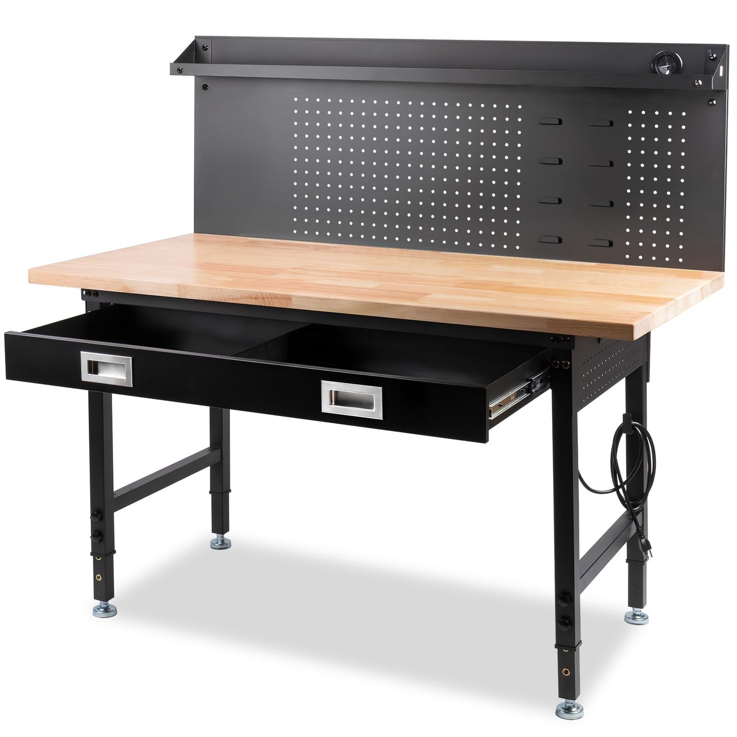 MUWOOD 60" Workbench with Drawers, Work Benches for Garage with Strip Light, Adjustable Work Table with Large Pegboard, 2000 LBS Heavy Duty Table with Power Outlet Rubber Wood for Garage