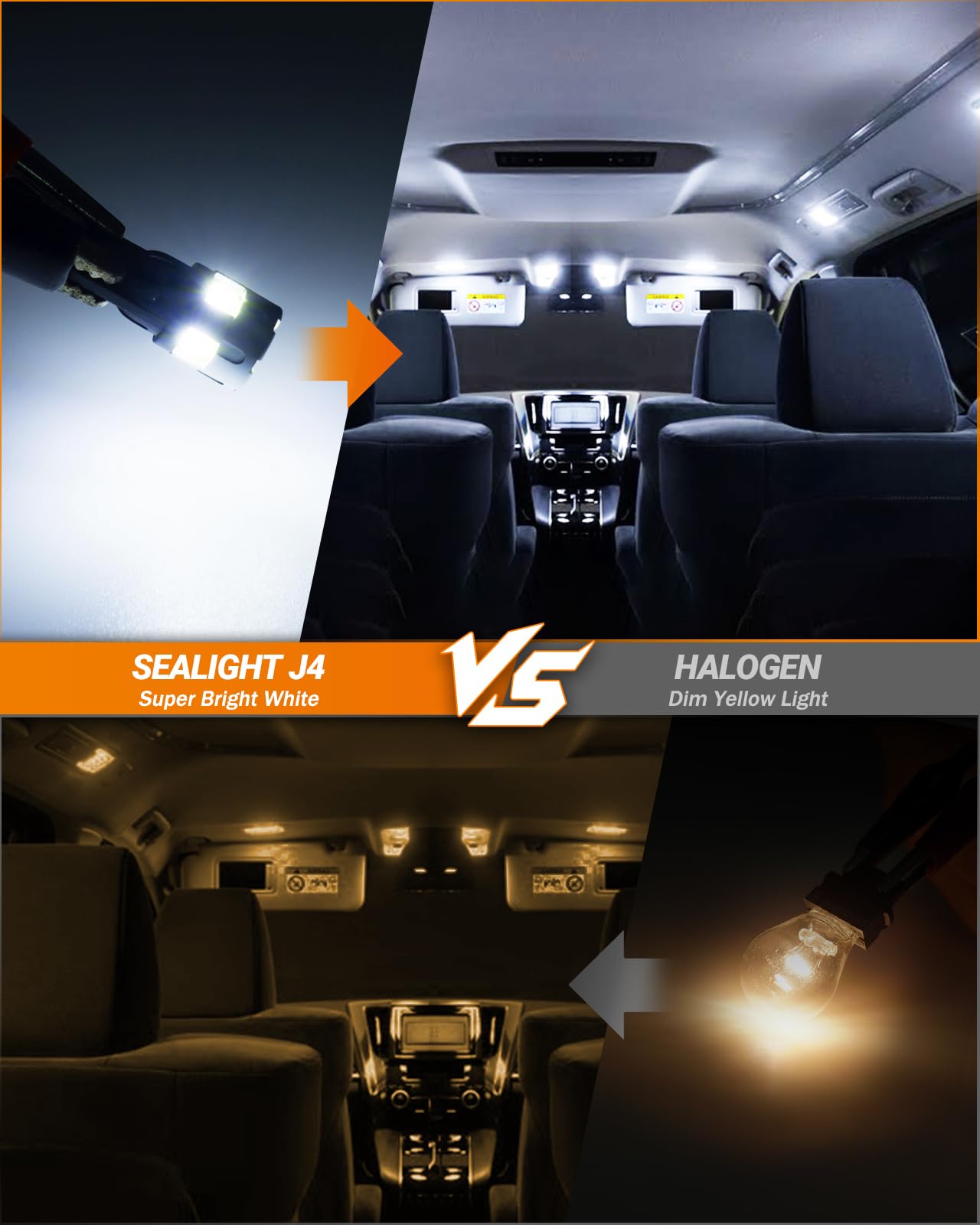 SEALIGHT T10 LED Light Bulb 600% Brightness 6500K White Replacement Bulbs for License Plate, Dome, Map, Door - Pack of 4
