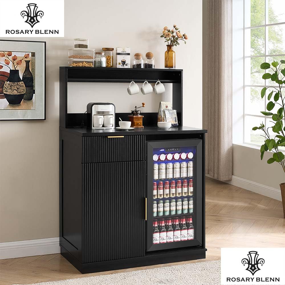 Rosary Blenn Coffee Bar Cabinet with Mini Fridge Space and Power Outlet, 39" Matte Black Wood Grain Finish Kitchen Cabinet with Drawer Storage and Adjustable Shelves for Dining Room