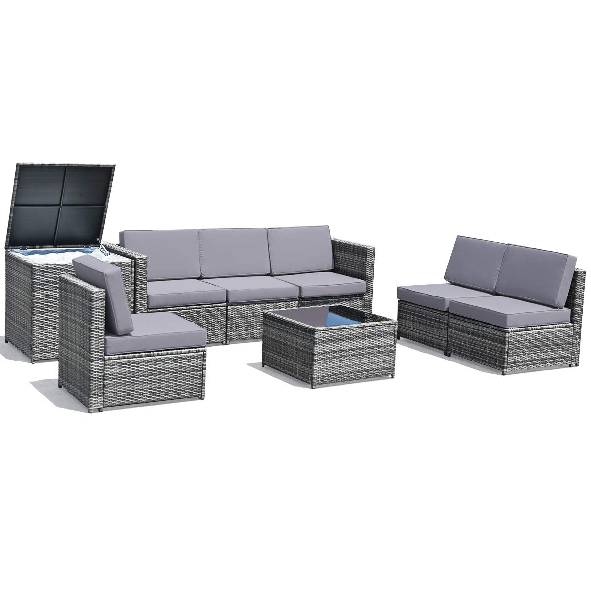 Tangkula 8 PCS Outdoor Patio Furniture Set, Rattan Wicker Sofa Set, Sectional Sofa Couch Conversation Set w/Storage Table and 12 Zippered Cushions for Garden Backyard Poolside (Grey)
