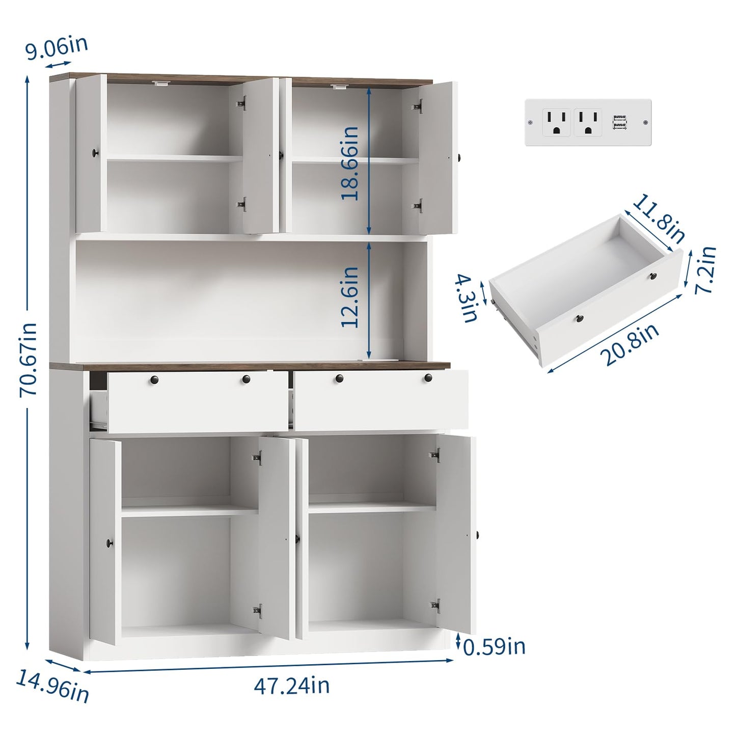 Garvee 71" Tall Kitchen Pantry Storage Cabinet with Charging Station, Food Hutch with Drawers, Doors, Shelves, and Countertop for Dining Room
