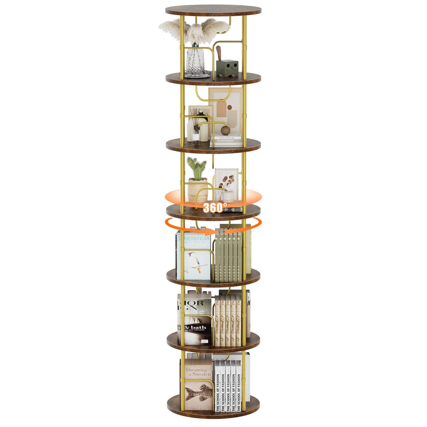 ALLSTAND 6 Tier Rotating Bookshelf, 360 ° Display Stackable Spinning Bookshelf Tower, Corner Bookshelf Tall Floor Standing Swivel Bookcase Narrow Storage Organizer for Bedroom, Living Room, Gold