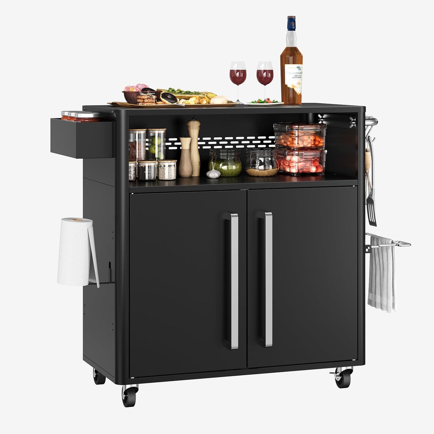 Heavy-Duty 2-Tier Outdoor Kitchen Island with Locking Wheels – 883 sq.in. Prep Space, 304 Stainless Steel Top, Magnetic Double-Door BBQ Cabinet for Grilling Table & Patio Cooking Station