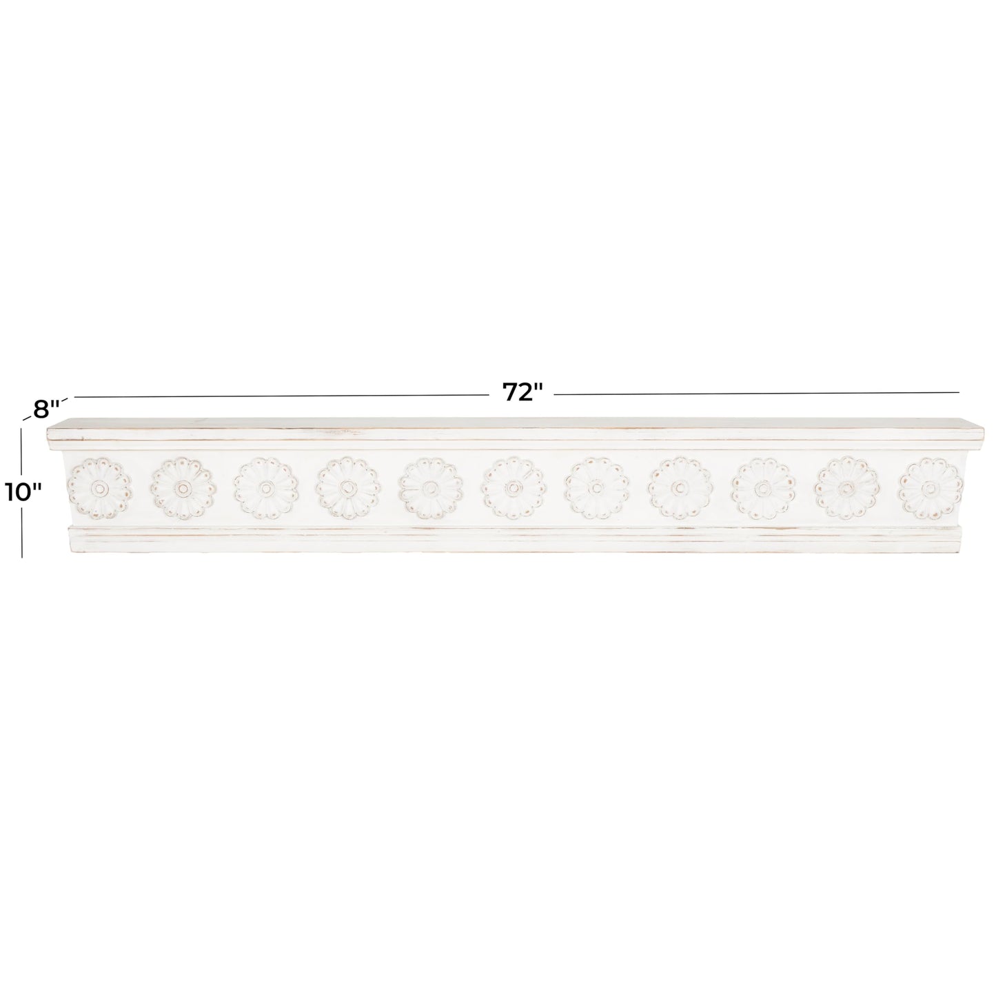 Deco 79 Wooden Floral Room Wall Shelf Floating Shelf with Brown Distressing, Display Shelf 72" x 8" x 10", White