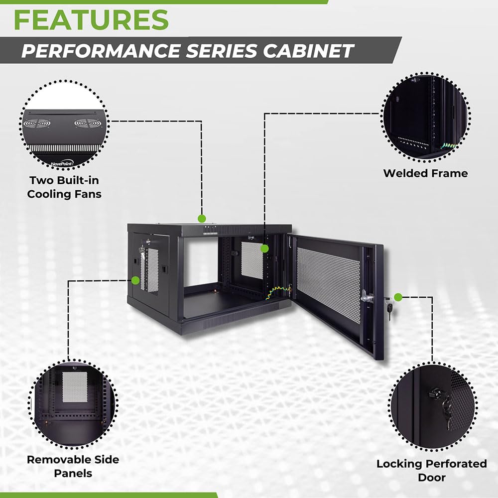 NavePoint 9U Server Cabinet Wall Mount Rack Enclosure with Perforated Door, Locking, Removable Side Panels – 9U Network Cabinet 23.6” Wide, 19 Inch Server Rack for IT and A/V Equipment