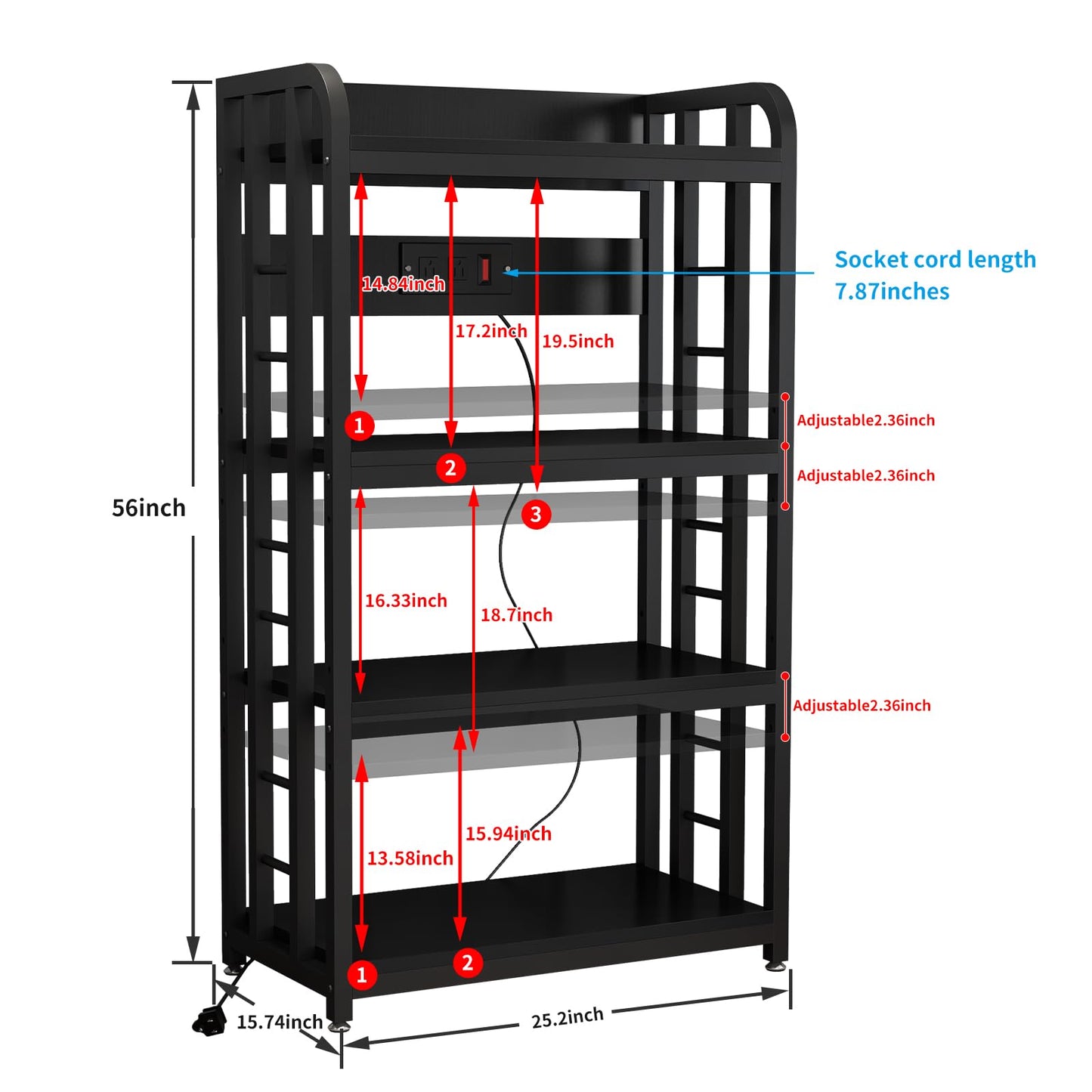 Bakers Rack with Power Outlet ，Microwave Stand 4-Tier Kitchen Baker's Rack, Free Standing Baker's Rack Kitchen Stands with Storage Suitable for Kitchen, Living Room, Dinning Room，Coffee Bar (Black)