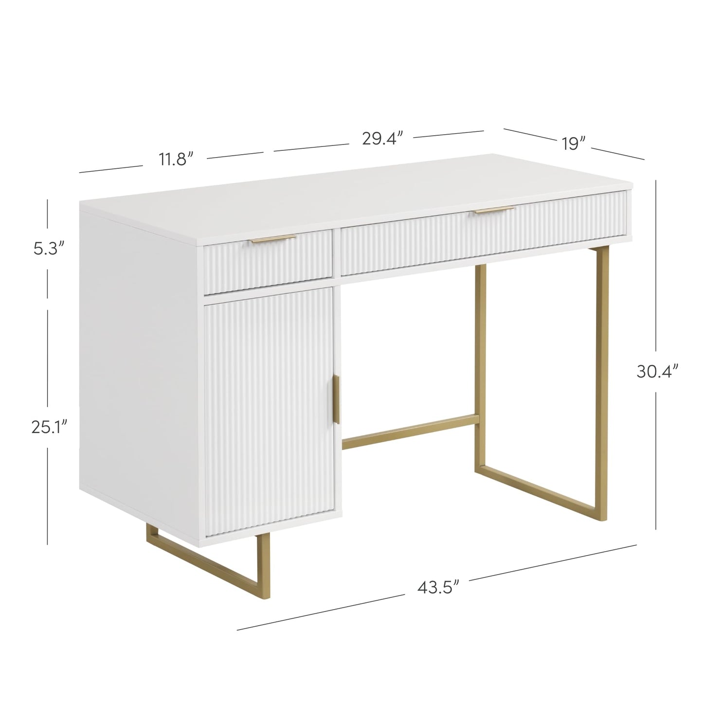 Nathan James Jacklyn White Modern Computer Desk, Workstation or Writing Desk for Small Spaces with Drawers and Cabinet Storage, White/Pale Gold