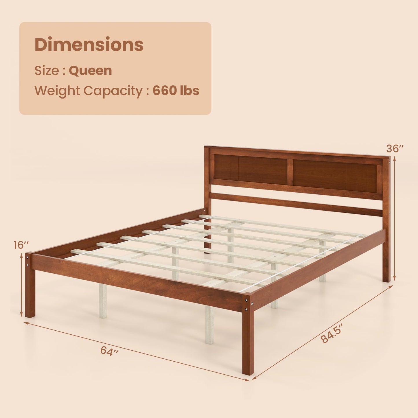 Giantex Wood Queen Platform Bed with Headboard, Mid Century Solid Wood Bed Frame with Wood Slat Support, Wooden Mattress Foundation with 12" Under Bed Storage for Bedroom, Easy Assembly, Walnut