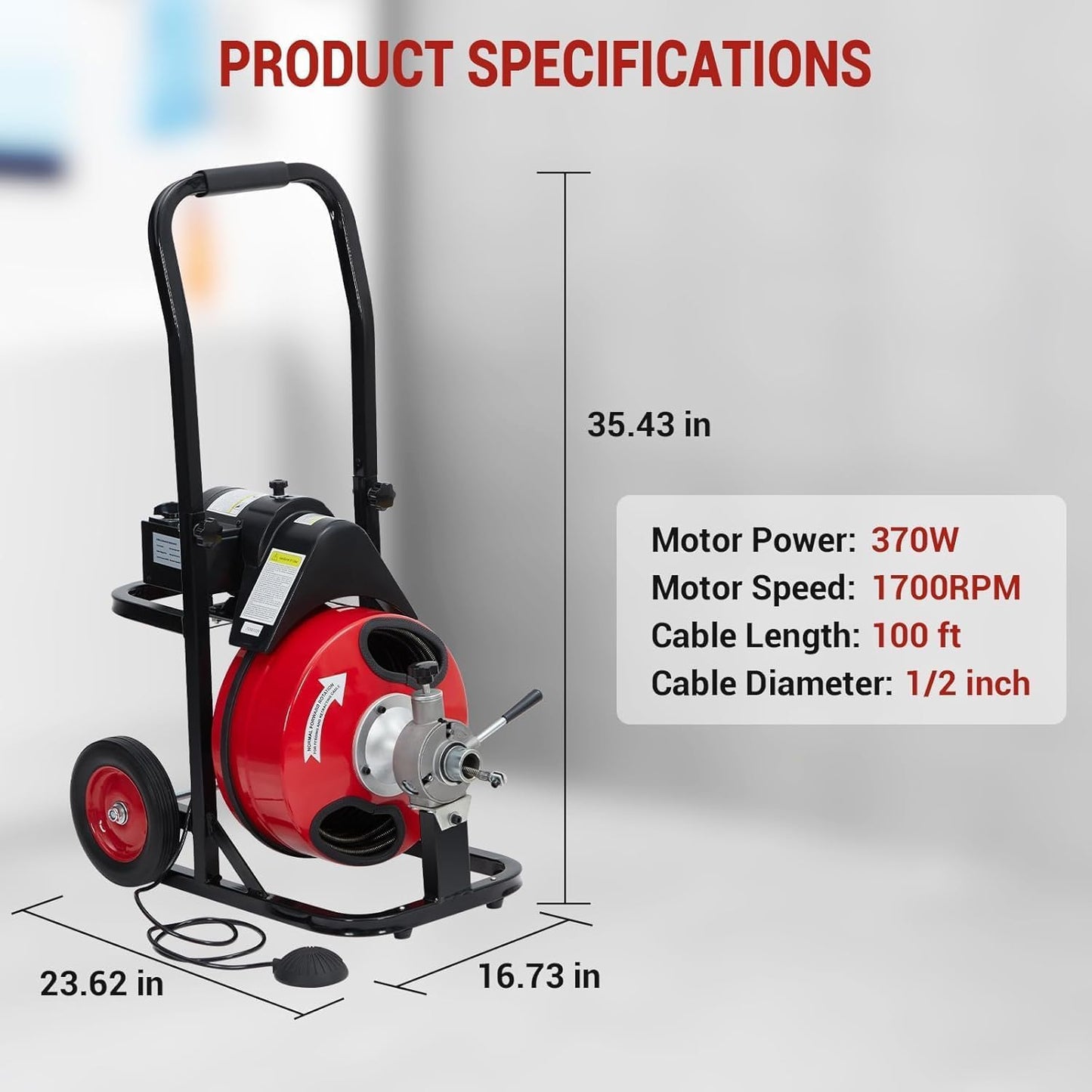 100 FT x 1/2 Drain Cleaner Machine with 370W Motor,Auto Feed Portable Sewer Snake Auger,8 Cutters,Air-activated Foot Switch for 1" to 4" Pipes