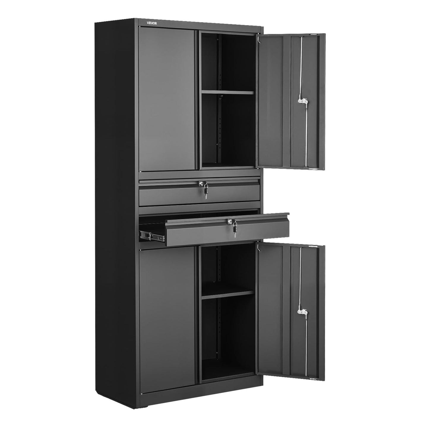 VEVOR Metal Storage Cabinet, 180 lbs Shelf Load Capacity, 70.87" Tall Garage Tool Storage Cabinet with 4 Locking Doors and Adjustable Shelves, 2 Drawers, for Garage, Home, Office, Utility Room, Black