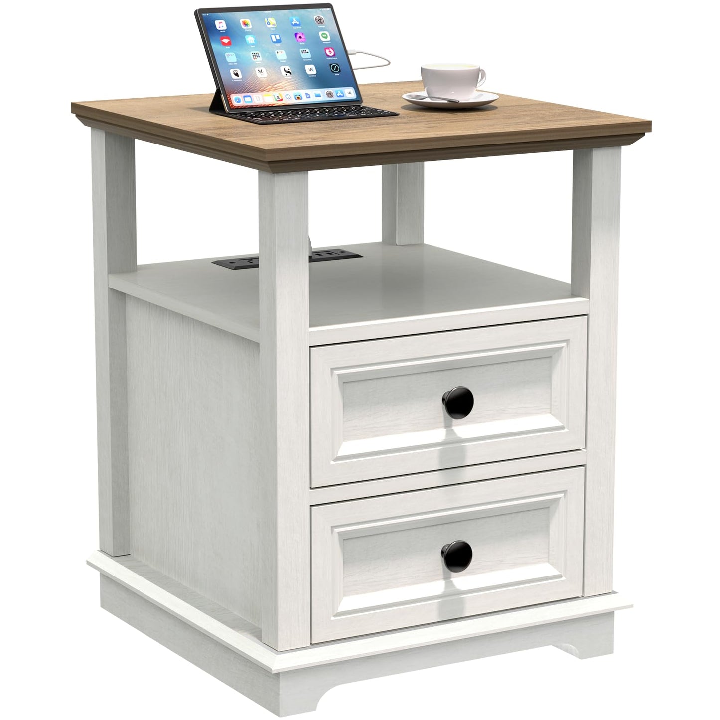 REDAYFUR 24” Tall Nightstand with Charging Station, 18” Bedside Table with Drawers,Rustic Wooden Storage Cabinet with Open Shelf for Bedroom,White