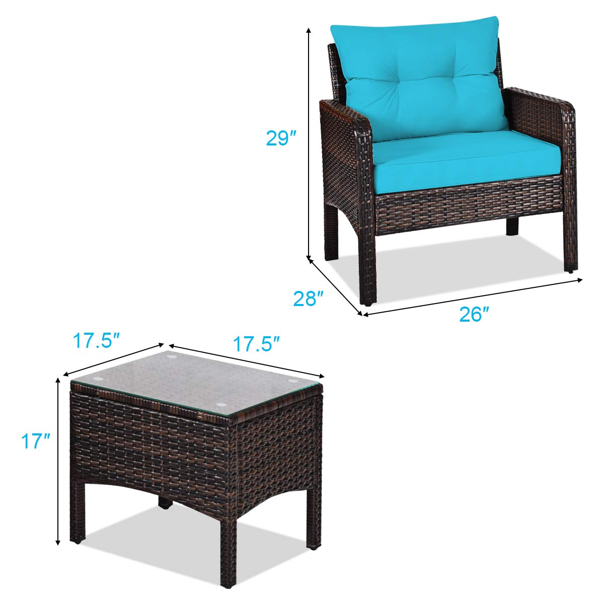 Tangkula 3 Piece Wicker Chairs with Glass Top Coffee Table, Thick Cushions, All Weather Garden Lawn Poolside Backyard Porch Outdoor Patio Furniture Set for 2 (Turquoise)