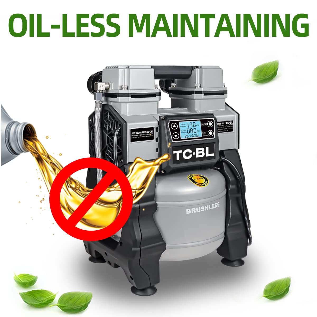 TC·BL Oil free Air Compressor 1.3HP Ultra Quiet Air Compressor Lightweight and with 2.6 Gallon Aluminum Tank