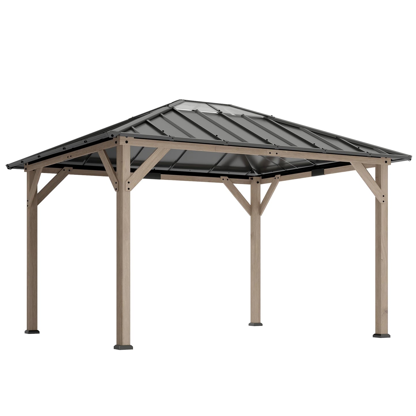Outsunny 10' x 12' Hardtop Gazebo with Galvanized Steel Roof, Wood Permanent Pavilion Canopy Shelter with Clear Roof Top, UPF50+ Protection, Ceiling Hooks for Lawn, Backyard, Deck, Light Walnut