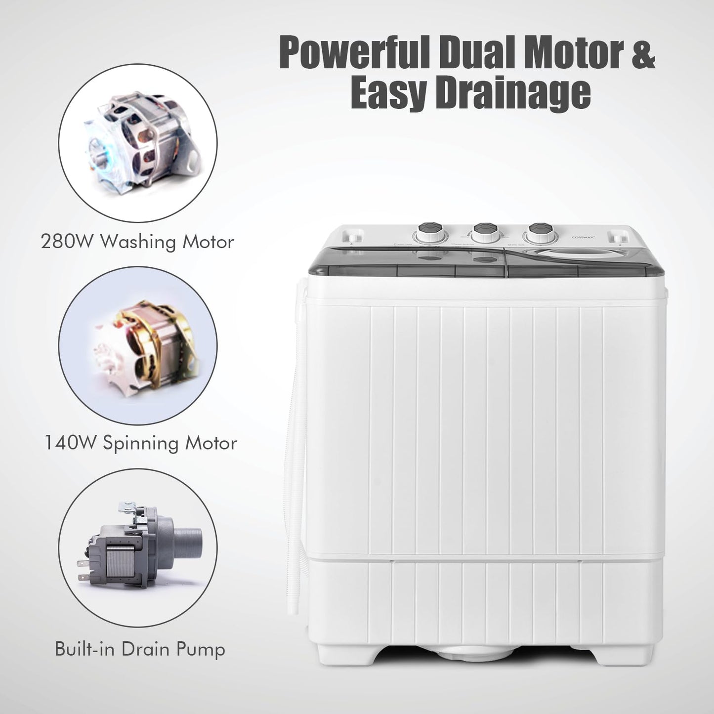 COSTWAY Portable Washing Machine, 2-in-1 Twin Tub 26lbs Capacity Laundry Washer(18lbs) and Spinner(8lbs) with Control Knobs, Timer Function, Drain Pump, Perfect for Home Apartment RV, Grey