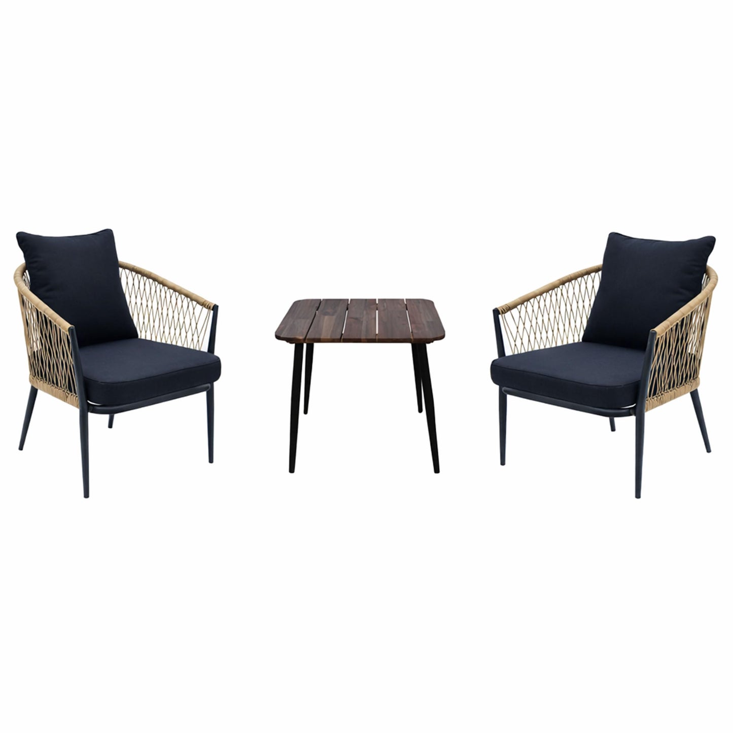 Alpine Corporation VTFAM166A 3-Piece Outdoor Patio Bistro Set – Wooden Accent Table & 2 Wicker Armchairs with Seat & Back Cushions – Modern Indoor/Outdoor Conversation Set, Natural & Black