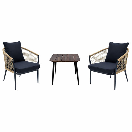 Alpine Corporation VTFAM166A 3-Piece Outdoor Patio Bistro Set – Wooden Accent Table & 2 Wicker Armchairs with Seat & Back Cushions – Modern Indoor/Outdoor Conversation Set, Natural & Black