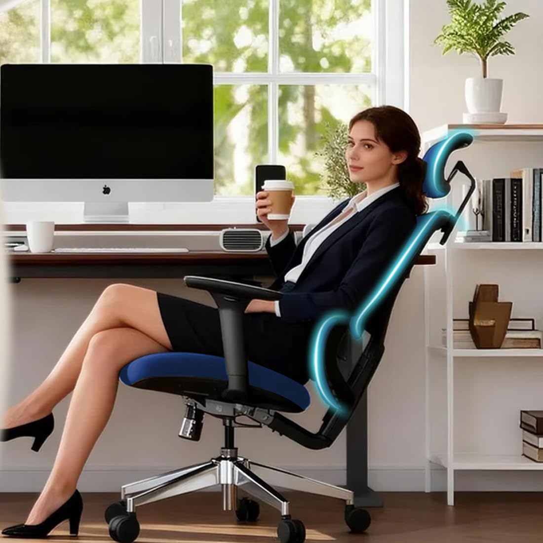 Jacia House Blue Ergonomic Mesh Home Office Chair, Big & Tall Gaming Chair - High-Adjustable Lumbar Support, 4D Armrests, 2D Headrest, 90°~135° Tilting with Lock, Swivel Desk Chairs 600lb Capacity